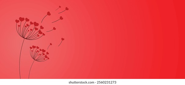 Dandelion with hearts. Happy Valentine's Day greeting card. Lovely romance flower. Congratulations with Love. Valentine's Day Spring and Summer Vector illustration background.