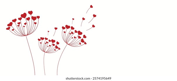 Dandelion with hearts. Happy Valentine's Day greeting card. Lovely romance flower. Congratulations with Love. Valentine's Day Spring and Summer Vector illustration background.
