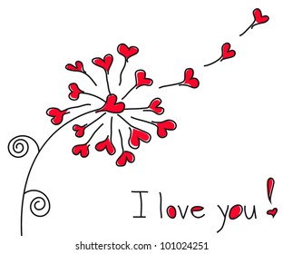 Dandelion with hearts on a white background. Valentine.