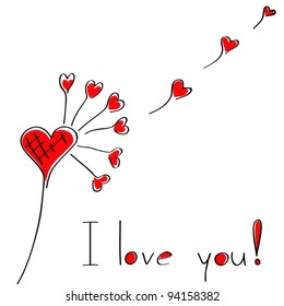 Dandelion with hearts on a white background. Valentine.