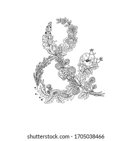 Dandelion, hops, lavender, wild rose, clover, sweet bean. Flowers in the shape of ampersand, vector hand drawn outline illustration