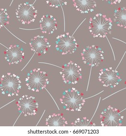 Dandelion isolated on brown background vector seamless pattern. Meadow flower illustration with heart shaped fluff. Repeating floral ornament with dandelion isolated. Flying summer blossom flowers.