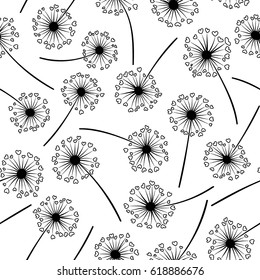 Dandelion isolated on white vector seamless pattern. Meadow flower illustration with heart shaped fluff. Repeating floral ornament with black dandelion isolated. Flying summer blossom.