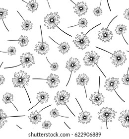 Dandelion isolated on white vector seamless pattern. Meadow flower illustration with heart shaped fluff. Repeating floral ornament with black dandelion isolated. Flying summer blossom.