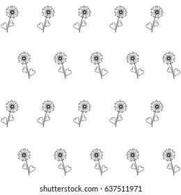 Dandelion isolated on white vector seamless pattern. Meadow flower illustration, heart shaped fluff, leaves. Repeating floral ornament, black dandelion isolated. Blow ball summer blossom black outline