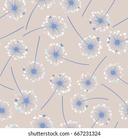 Dandelion isolated on white vector seamless pattern. Meadow flower illustration with heart shaped fluff. Repeating floral ornament with black dandelion isolated. Flying summer blossom.
