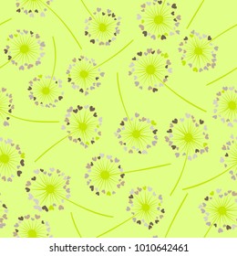 Dandelion isolated vector seamless valentine background pattern. Meadow flower illustration with heart shaped fluff. Floral pattern with dandelion blowing flower isolated. Blossom with love symbols.