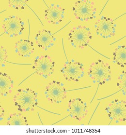 Dandelion isolated vector seamless valentine background pattern. Meadow flower illustration with heart shaped fluff. Floral pattern with dandelion blowing flower isolated. Blossom with love symbols.