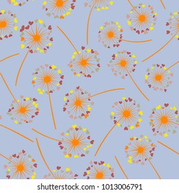 Dandelion isolated vector seamless valentine background pattern. Meadow flower illustration with heart shaped fluff. Floral pattern with dandelion blowing flower isolated. Blossom with love symbols.