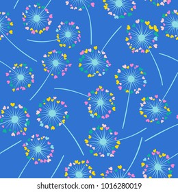 Dandelion isolated vector seamless valentine background pattern. Meadow flower illustration with heart shaped fluff. Floral pattern with dandelion blowing flower isolated. Blossom with love symbols.