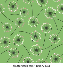 Dandelion isolated vector seamless valentine background pattern. Meadow flower illustration with heart shaped fluff. Floral pattern with dandelion blowing flower isolated. Blossom with love symbols.