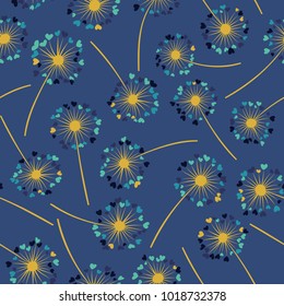 Dandelion isolated vector seamless valentine background pattern. Meadow flower illustration with heart shaped fluff. Floral pattern with dandelion blowing flower isolated. Blossom with love symbols.