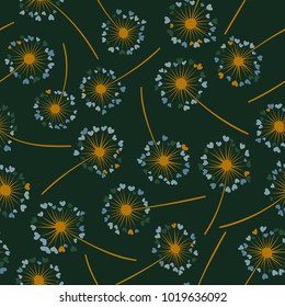 Dandelion isolated vector seamless valentine background pattern. Meadow flower illustration with heart shaped fluff. Floral pattern with dandelion blowing flower isolated. Blossom with love symbols.