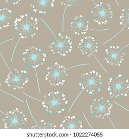 Dandelion isolated vector seamless valentine background pattern. Meadow flower illustration with heart shaped fluff. Floral pattern with dandelion blowing flower isolated. Blossom with love symbols.