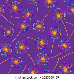 Dandelion isolated vector seamless valentine background pattern. Meadow flower illustration with heart shaped fluff. Floral pattern with dandelion blowing flower isolated. Blossom with love symbols.