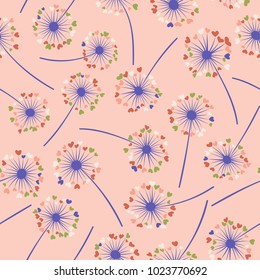 Dandelion isolated vector seamless valentine background pattern. Meadow flower illustration with heart shaped fluff. Floral pattern with dandelion blowing flower isolated. Blossom with love symbols.