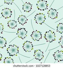 Dandelion isolated vector seamless valentine background pattern. Meadow flower illustration with heart shaped fluff. Floral pattern with dandelion blowing flower isolated. Blossom with love symbols.
