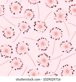 Dandelion isolated vector seamless valentine background pattern. Meadow flower illustration with heart shaped fluff. Floral pattern with dandelion blowing flower isolated. Blossom with love symbols.