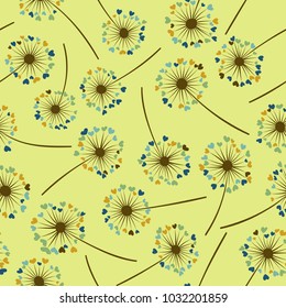Dandelion isolated vector seamless valentine background pattern. Meadow flower illustration with heart shaped fluff. Floral pattern with dandelion blowing flower isolated. Blossom with love symbols.