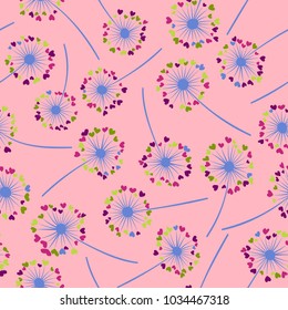 Dandelion isolated vector seamless valentine background pattern. Meadow flower illustration with heart shaped fluff. Floral pattern with dandelion blowing flower isolated. Blossom with love symbols.