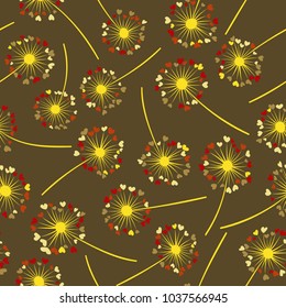 Dandelion isolated vector seamless valentine background pattern. Meadow flower illustration with heart shaped fluff. Floral pattern with dandelion blowing flower isolated. Blossom with love symbols.