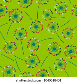 Dandelion isolated vector seamless valentine background pattern. Meadow flower illustration with heart shaped fluff. Floral pattern with dandelion blowing flower isolated. Blossom with love symbols.