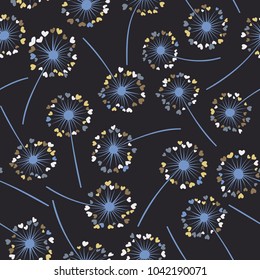 Dandelion isolated vector seamless valentine background pattern. Meadow flower illustration with heart shaped fluff. Floral pattern with dandelion blowing flower isolated. Blossom with love symbols.