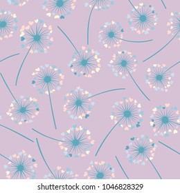 Dandelion isolated vector seamless valentine background pattern. Meadow flower illustration with heart shaped fluff. Floral pattern with dandelion blowing flower isolated. Blossom with love symbols.
