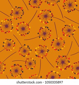 Dandelion isolated vector seamless valentine background pattern. Meadow flower illustration with heart shaped fluff. Floral pattern with dandelion blowing flower isolated. Blossom with love symbols.