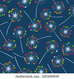 Dandelion isolated vector seamless valentine background pattern. Meadow flower illustration with heart shaped fluff. Floral pattern with dandelion blowing flower isolated. Blossom with love symbols.