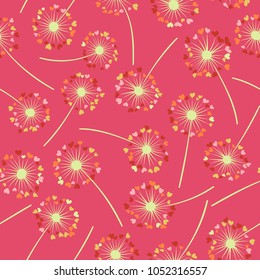 Dandelion isolated vector seamless valentine background pattern. Meadow flower illustration with heart shaped fluff. Floral pattern with dandelion blowing flower isolated. Blossom with love symbols.