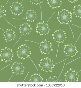 Dandelion isolated vector seamless valentine background pattern. Meadow flower illustration with heart shaped fluff. Floral pattern with dandelion blowing flower isolated. Blossom with love symbols.
