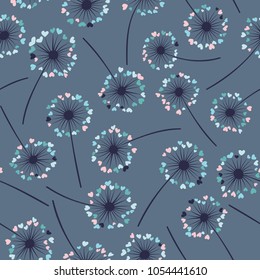 Dandelion isolated vector seamless valentine background pattern. Meadow flower illustration with heart shaped fluff. Floral pattern with dandelion blowing flower isolated. Blossom with love symbols.