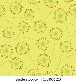 Dandelion isolated vector seamless valentine background pattern. Meadow flower illustration with heart shaped fluff. Floral pattern with dandelion blowing flower isolated. Blossom with love symbols.
