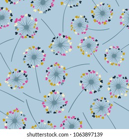 Dandelion isolated vector seamless valentine background pattern. Meadow flower illustration with heart shaped fluff. Floral pattern with dandelion blowing flower isolated. Blossom with love symbols.