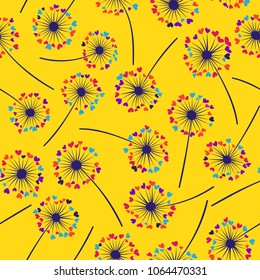 Dandelion isolated vector seamless valentine background pattern. Meadow flower illustration with heart shaped fluff. Floral pattern with dandelion blowing flower isolated. Blossom with love symbols.