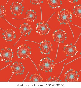 Dandelion isolated vector seamless valentine background pattern. Meadow flower illustration with heart shaped fluff. Floral pattern with dandelion blowing flower isolated. Blossom with love symbols.