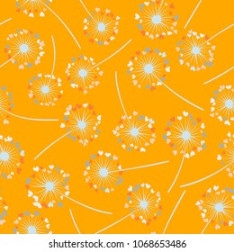 Dandelion isolated vector seamless valentine background pattern. Meadow flower illustration with heart shaped fluff. Floral pattern with dandelion blowing flower isolated. Blossom with love symbols.