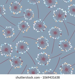 Dandelion isolated vector seamless valentine background pattern. Meadow flower illustration with heart shaped fluff. Floral pattern with dandelion blowing flower isolated. Blossom with love symbols.
