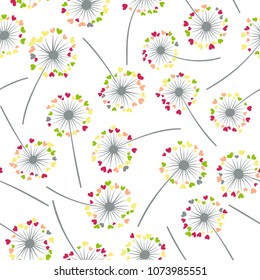 Dandelion isolated vector seamless valentine background pattern. Meadow flower illustration with heart shaped fluff. Floral pattern with dandelion blowing flower isolated. Blossom with love symbols.