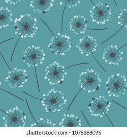 Dandelion isolated vector seamless valentine background pattern. Meadow flower illustration with heart shaped fluff. Floral pattern with dandelion blowing flower isolated. Blossom with love symbols.