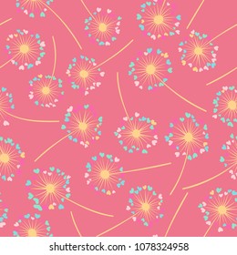 Dandelion isolated vector seamless valentine background pattern. Meadow flower illustration with heart shaped fluff. Floral pattern with dandelion blowing flower isolated. Blossom with love symbols.