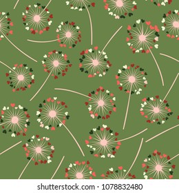 Dandelion isolated vector seamless valentine background pattern. Meadow flower illustration with heart shaped fluff. Floral pattern with dandelion blowing flower isolated. Blossom with love symbols.
