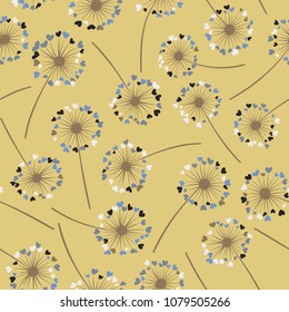 Dandelion isolated vector seamless valentine background pattern. Meadow flower illustration with heart shaped fluff. Floral pattern with dandelion blowing flower isolated. Blossom with love symbols.