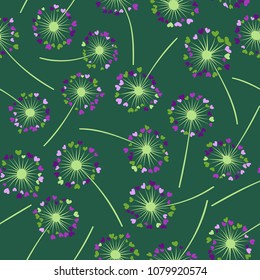 Dandelion isolated vector seamless valentine background pattern. Meadow flower illustration with heart shaped fluff. Floral pattern with dandelion blowing flower isolated. Blossom with love symbols.