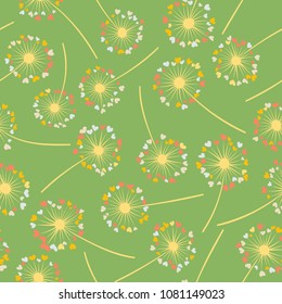 Dandelion isolated vector seamless valentine background pattern. Meadow flower illustration with heart shaped fluff. Floral pattern with dandelion blowing flower isolated. Blossom with love symbols.