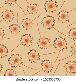 Dandelion isolated vector seamless valentine background pattern. Meadow flower illustration with heart shaped fluff. Floral pattern with dandelion blowing flower isolated. Blossom with love symbols.