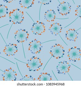 Dandelion isolated vector seamless valentine background pattern. Meadow flower illustration with heart shaped fluff. Floral pattern with dandelion blowing flower isolated. Blossom with love symbols.