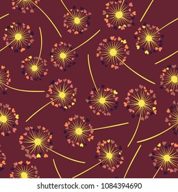 Dandelion isolated vector seamless valentine background pattern. Meadow flower illustration with heart shaped fluff. Floral pattern with dandelion blowing flower isolated. Blossom with love symbols.
