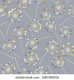 Dandelion isolated vector seamless valentine background pattern. Meadow flower illustration with heart shaped fluff. Floral pattern with dandelion blowing flower isolated. Blossom with love symbols.